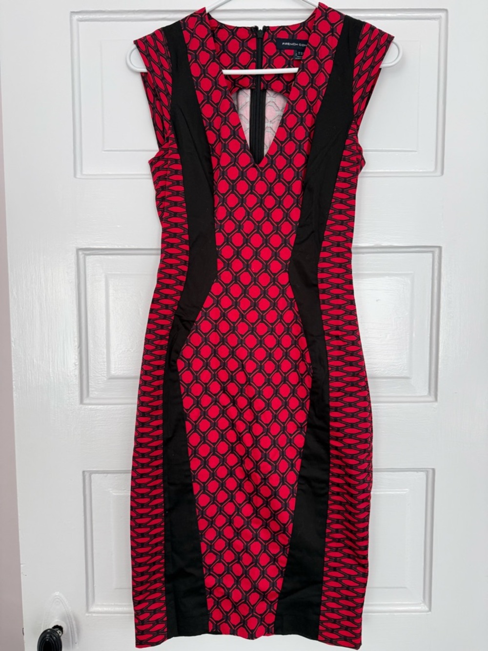 French Connection Red & Black Geometric Midi Sheath Dress